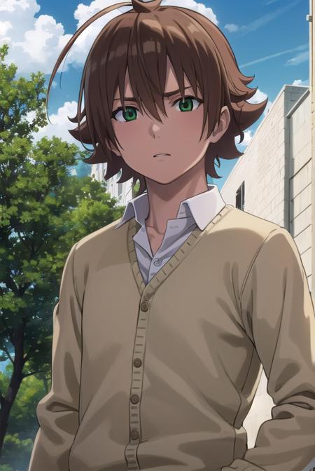 agktatsumi, <lora:agk tatsumi s1-lora-nochekaiser:1>,
tatsumi. brown hair, (green eyes:1.3), male focus, short hair, hair between eyes, ahoge,
BREAK  shirt, white shirt, collared shirt, yellow sweater, long sleeves, pants, black pants, boots, brown boots,
BREAK outdoors, nature, forest, trees, grass, sky, clouds,
BREAK looking at viewer, (cowboy shot:1.5),
BREAK <lyco:GoodHands-beta2:1>, (masterpiece:1.2), best quality, high resolution, unity 8k wallpaper, (illustration:0.8), (beautiful detailed eyes:1.6), extremely detailed face, perfect lighting, extremely detailed CG, (perfect hands, perfect anatomy),