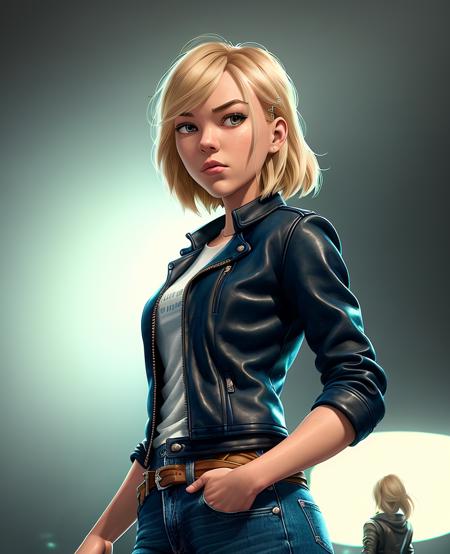 (Gwen Stacy:1.1), ultra-detailed, illustration, high contrast, a woman standing on stage, stage lights, (jeans, leather jacket:1.1), looking at viewer, bright lights, atmospheric, dust, volumetric fog, (subsurface scattering:1.1), light particles, backlighting, solo, (waist up:1.2), from below, (worms eye view:1.1), depth of field, blurry background