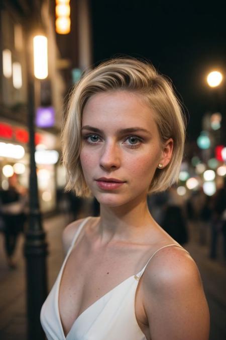 street photography of 1 girl, (30 years old slim girl with very short blonde hair),(beautiful face,exquisite face,skin texture:1.2), street style dress, upper body portrait from below , (ultra-wide angle:1.3), from front, watching away, pale skin, (masterpiece,best quality,ultra high res:1.2),(photo-realistic:1.3),tokyo street at night, rim lightinig, dimly lit, low key,  kodak portra 160, faded, grainy