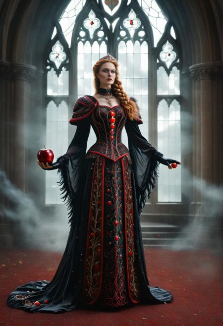 murano_glass_style, Realism_Quality_2xx_By_Stable_Yogi, (cathedral:2), indoors, standing, 1woman, solo, long hair, black choker, eyeliner, gorgeous lips, covered breasts, cinematic, best quality, ultra-detailed, very aesthetic, (natural eyes:1.4), freckles, aloof, (masterpiece:1.1), small waist, fitness body, wide hips, 32 years old, golden blond hair, censored, (big stained glass windows:1.4), (Victorian dress:2), high end closure, Evil Queen, cinemascope, moody, epic, gorgeous, film grain, (holding glowing red apple:2.4), (red ground fog:2), natural hands, red elbow gloves, knee boots, dramatic , sunset, (red sky:1.6), window, ritual magic, freyja, auburn hair, braided hair, magic, forest, Viking queen, mythic beauty, feathered cloak, fur, armor, robe, braid, rune jewelry, photorealistic, cinematic, flowers, jewelry, photorealism, cinematic lighting, high fantasy, mythic portraiture, soft background, northern folklore aesthetic, (fully dressed:2), trained,