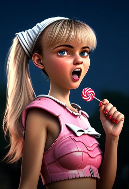 masterpiece, best_quality, very_aesthetic,
cinematic_composition, cinematic_lighting,
(pinup colors, pinup artstyle, 50's style), 
detailed_painting, blurry_background, bloom_effect, highlights, perfect shadows,
1girl, beautiful girl, 18 years old, finnish, Marie Rose, 
(blonde, long hair, high ponytail, fringe;1.3), 
round face, deep blue eyes,
(skinny fit, thin, slim, slender body)
jacket, layered skirt, pink skirt, hair ornament, white shirt, bow, pink jacket,
holding a red lollipop, open mouth, tongue, licking lollipop,
(looking om viewer), nose_blush, nervous, shy, embarrassed, 
glossy skin, 
cowboy shot, face focus,,
schoolyard_background, sunshine, sunlight,