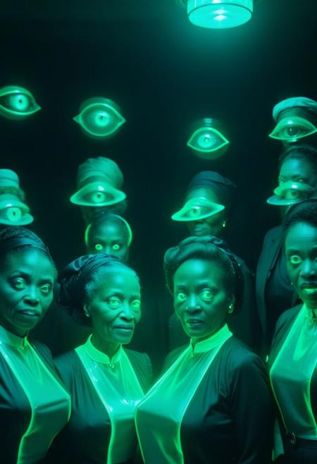 ultra realistic 
Dark Sci-Fi.  faded film, desaturated, 35mm photo, grainy, vignette, vintage, Kodachrome, Lomography, stained, highly detailed, found footage
(glowing pulsating eyes:3.0)
(elderly african american women 70yo:1.00)all dressed in stylish, professional attire, (standing around a table filled with various dishes at an office potluck:1.80). The women are shown (feeding their coworkers hypnotic food, with a subtle, eerie glow emanating from the dishes.:3.5)
(thick thighs:1.8) (Massive breasts:1.9) (full body photo:1.8)