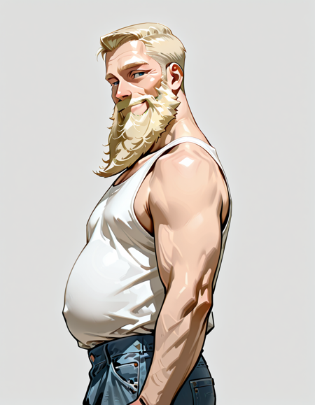 8K,absurdres,very aesthetic,masterpiece,highly_detailed,best_quality,newest,1boy,facing viewer,smile,<lora:Gentlemans_Cut_ILLUSTRIOUS_Classic_Hairstyle:1.5>,blonde hair,from side,beard,long beard,tank top,jeans,very short hair,