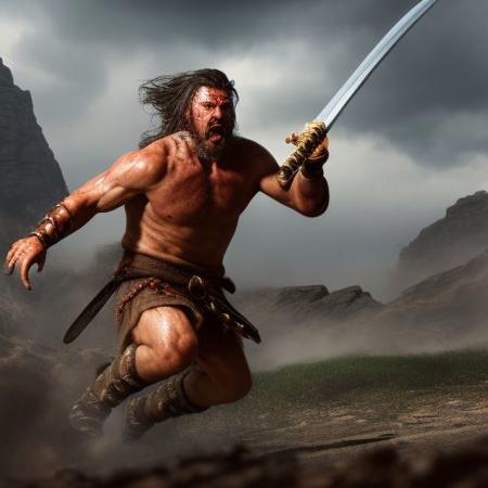 , raw photo of groo_the_wanderer, running for a fight, swords drawn, excited, highly detailed photography, beautiful, insanely detailed, ((sharp focus)), intricate, natural lighting, high quality, 4k, cover photo, octane render, soft, natural, volumetric, cinematic, perfect light, masterpiece, 8k artistic photography, digital matte painting