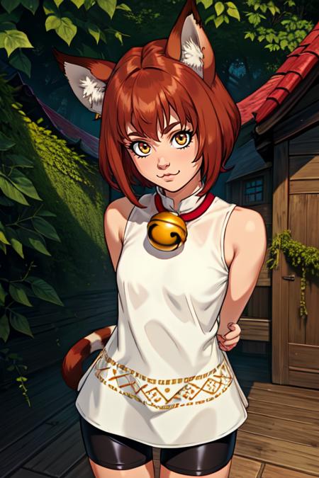 Xiao, long animal ears, short brown hair,  tail above buttocks,  :3, brown eyes, 
Xattire , white sleeveless dress with pattern, black bike shorts, neck bell, fur footwear, fur fingerless gloves, 
standing, arms behind back, upper body,facing viewer,  leaning forward, 
small house, green walls, wood floor,fantasy, 
 (insanely detailed, beautiful detailed face, masterpiece, beautiful detailed eyes, best quality) 
 <lora:Xiao-10v4:0.8>