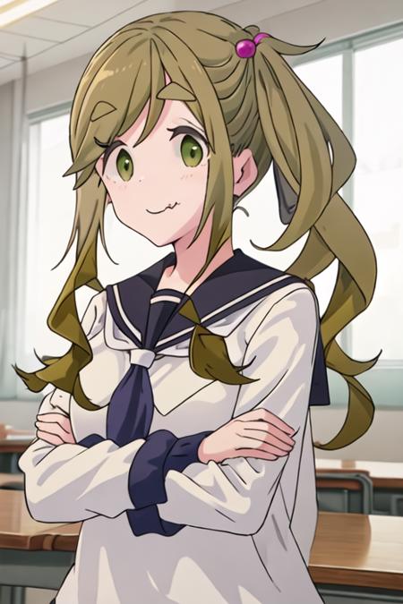 best quality, masterpiece, highres, solo, {inuyama_aoi_yurucamp:1.15}, thick_eyebrows, long_hair, fang, skin_fang, brown_hair, green_eyes, smile, closed_mouth, side_ponytail, hair_ornament, hair_bobbles, 1girl, motosu_school_uniform, sailor_collar, school_uniform, serafuku, fang_out, looking_at_viewer, upper_body, blue_sailor_collar