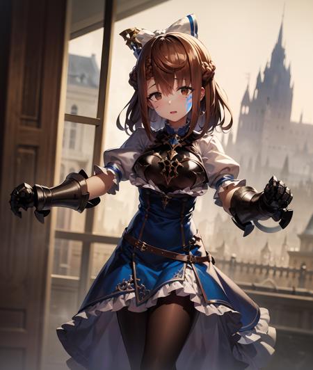 (best quality, masterpiece, highres:1.4),  a portrait of a girl, standing, full body, facial mark, facial tattoo, she has a facial mark of glowing blue lines in a jagged grid-like pattern, magic lines on face and body, 
1girl, brown hair, brown eyes, (gauntlets), pantyhose, solo focus, armor, blue dress, looking at viewer, dress, bow, frills, hair bow, hair between eyes,  puffy sleeves, short sleeves, black pantyhose, breasts, long hair, , white bow,  braid, bangs, armored dress,  frilled dress, puffy short sleeves, medium breasts, breastplate, medium hair,  brown pantyhose, belt, brooch, ribbon, jewelry,  frilled sleeves, hair ornament, skirt, shoulder armor, white shirt, pelvic curtain,  shirt,  gem,  blue bow,   short hair, hair ribbon, (tareme), petticoat,   french braid, juliet sleeves, 
   <lora:MaishaLocon:1>, castle town in background, (detailed eyes, rendered eyes, piercing eyes, vibrant eyes), ((brown eyes)), glowing eyes, nose,