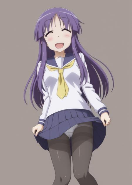 <lora:Hinata_Yukari-10:0.8>,Hinata_Yukari,(animation),Dawn_Anime,1girl, solo, long hair, school uniform, purple eyes, :d, ^_^,closed eyes,purple hair, pantyhose, pleated skirt, serafuku, white panties, black pantyhose , pantyhose pull,