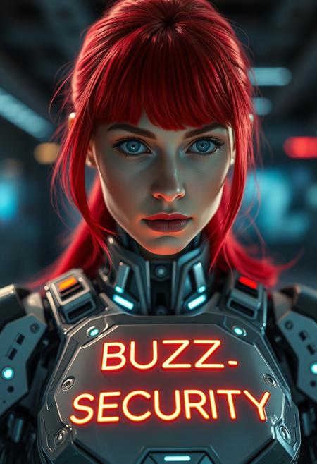 A close up cinematic shot of a female cyborg, RED HAIR, blue eyes, wearing robotic chest bereastplate, looking at the viewer, the word “BUZZ SECURITY” is written on the chestplate in glowing letters, extreme quality, best details, hkstyle, futurisitc labb in background