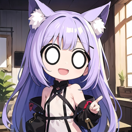 <lora:hotarueye_whiteeye9_v100:1.5>, 1girl, (chibi:1.4), smile, open mouth, upper body, standing, animal ear, purple hair, indoors