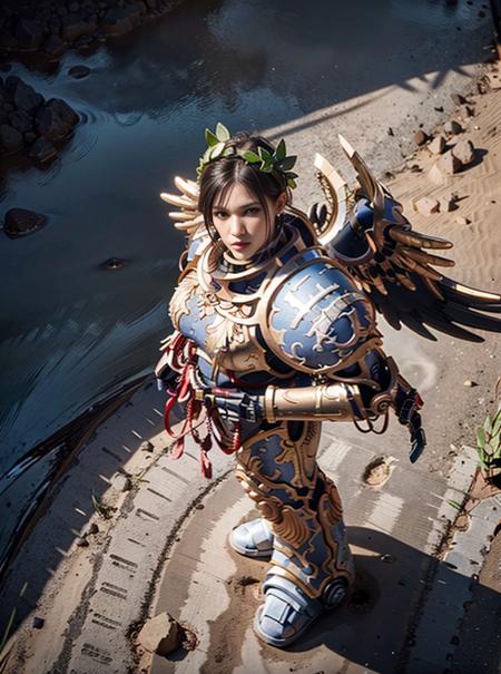 8K masterpiece, detailed, realistic, digital art, octane render, trending on artstation, top view,
((solo:1.5)), full body, 
oversized power armor, laurel wreath, halo, metal wings,   
desert wasteland, mars background,
(guilliman:1), 
 <lora:robute_by_CARAXES_mk2-000003:1>