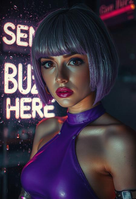 cyberpunk style, blade runner,  realistic, bokeh, night, looking through large rain drop covered window, neon sign in window says “SEND BUZZ HERE”:1.5, waist up photo, upper body,  looking at viewer, 21 year old girl, professional lighting, cute round face, smooth white porcelain skin, hyper detailed luminescent lavender eyes:1.2,  black pupils, luminescent lavender hair in straight bob with bangs:1.2, ((luminous glittery lavender lipstick:0.9)), (hyper detailed luminescent lavender full pouty lips:0.7), heavy mascara and eyeliner,  (beautiful colorful luminescent lavender make up by Sir John, Pat McGrath, perfect colorful eyeshadows),  ((((purple latex halter top,  large breasts)))),  glowing neon silver circuit tattoos on neck and chest:0.8, luminous neon silver tattoos:1.5, cybernetic arms, anatomically correct cybernetic arms with purple brushed metal finish, LED light accents on cybernetic arms:0.9,