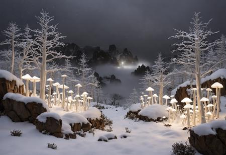 Starlight shimmer with celestial glow, Kinetic sculpture playground, Fresh snow palette with sparkling whites and soft grays, Dramatic thunderstorm rolling in over the plains, Bioluminescent mushrooms in an enchanted forest, Thick fog enveloping a coastal village, Hermit living in seclusion on a mountain peak, A cliff that echoes with the voices of the past