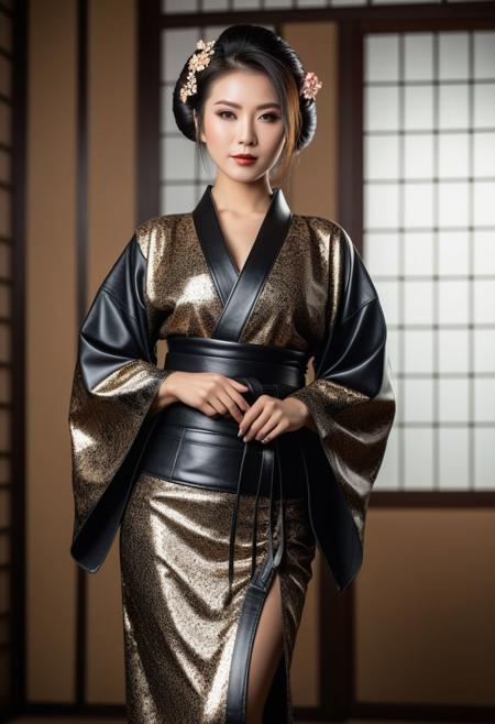 (leather:1.2), beautiful Asian woman, wearing leather intricate kimono, leather kimono, leather geisha, geisha hairstyle, geisha makeup, full length leather kimono,
sharp focus, (glossy leather clothing, glittering leather fabric), cowboy shot,
photograph, raw photo, hd, 8k, masterpiece, best quality, 90-60-90