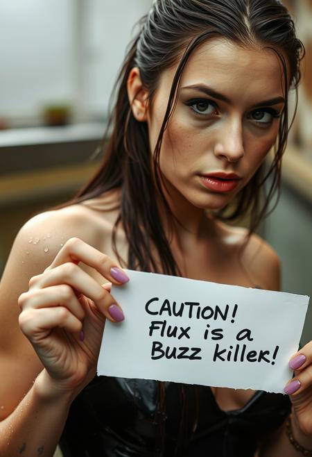 Realistic wet perfect girl holding paper "Caution! Flux is a Buzz killer" written
