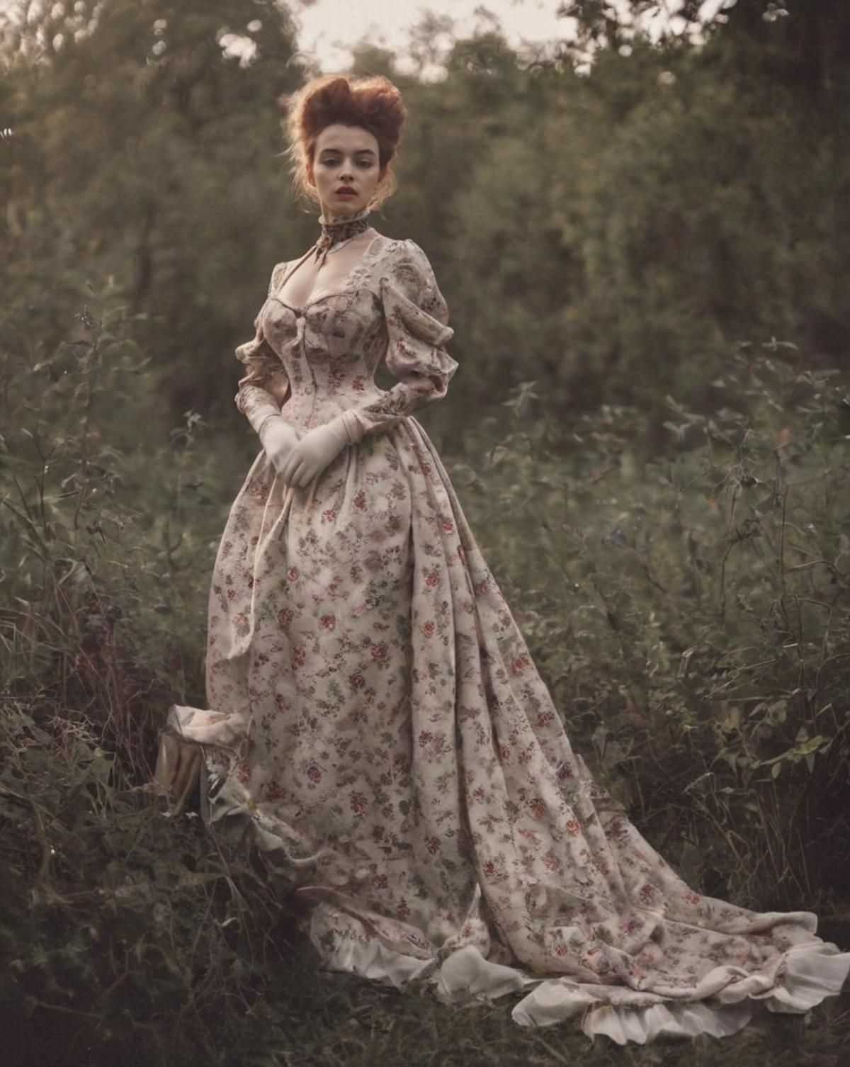 A Victorian woman wearing a lace and floral dress standing in a field.