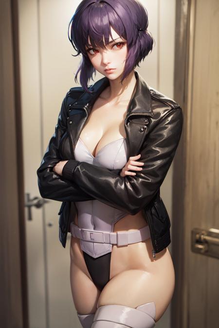 (masterpiece, best quality:1.2), <lora:ghostintheshell_kusanagi_sac-10:1>, cowboy shot, solo, 1girl, kusanagi motoko, expressionless, closed mouth, looking at viewer, crossed arms, jacket, leotard, thighhighs, gloves, cleavage