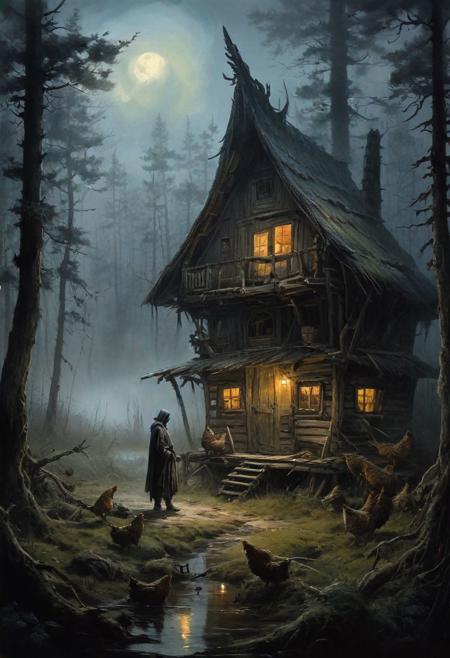 hero with a sword in his hand in front of baba yaga's hut, creepy hut standing on ((chicken legs:1.7)), hut with hen's feet, swamp with dense fog, dense forest, full moon, moonlight, low key, dark, chiaroscuro, mystic, oil and watercolor painting, mystical dense fog, epic scene, haunting mist, dark fantasy art by Kerem Beyit