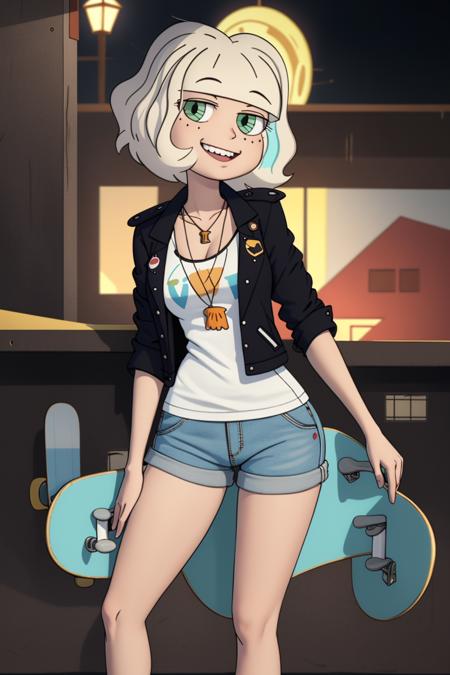 (masterpiece, best quality, high resolution:1.4), 1girl, jackie lynn thomas, blonde hair, short hair, blush, light smile, looking at viewer, short pants, white long tank top, black jacket, <lora:JackieLynnThomas_v1:1>, outdoors, night, holding (skateboard:1.3), white legwear,