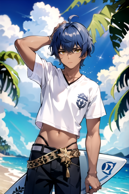 <lora:RavenV2-10:0.7> , ravenc, solo, looking at viewer, short hair, shirt, 1boy, navel, holding, blue hair, yellow eyes, white shirt, grey hair, male focus, outdoors, sky, day, belt, pants, cloud, dark skin, tree, blue sky, ocean, scar, beach, bandages, dark-skinned male, palm tree, surfboard