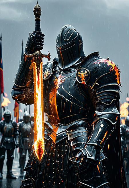Cinematic shot of masked knight in black armor with damaged armor, body wrapped around thunder, holding flaming sword by handle, sword tip pointing upward, background with large number of troops and flags, rain reflecting light, HKStyle, HD, Masterpiece, Best Best quality, ultra-detailed, ultra-detailed, ultra-realistic