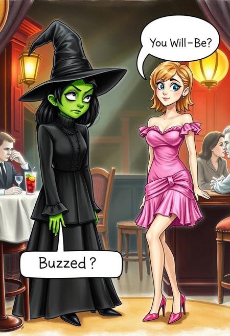 A brightly lit speakeasy in the 1920s style of The Great Gatsby. 
Elfaba is a girl with green skin wearing an all black high-necked Victorian witch outfit  that covers her skin from her neck all the way to her ankles and wrists. She has a bored expression on her face and is rolling her eyes. ( A speech box along the bottom ) points to Elfaba and reads " Buzzed? " .
A fair skinned short skinny blond girl is dressed in a  pink taffeta minidress and pink high heels.  She is looking at Elfaba with a wide-eyed excited confident expression. (A speech box at the top of the image ) points to the blond reads " You-Will-Be " .
A realistic colored pencil illustration, funny, lighthearted, sarcastic.