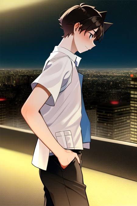 masterpiece, best quality, PokespeRed, 1boy, solo, from side, white shirt, jacket, male focus, white jacket, black pants, open jacket, blue vest, phone, night, city, <lora:PokespeRedV1:1>