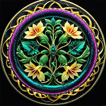 A neon luminescent sn4ke design. Intricate. Delicate. Dynamic colors. Black background.