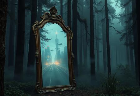 A freestanding, antique mirror sits in a dense, foggy forest, (but instead of reflecting the forest, it shows an entirely different world:1.4). Inside the mirror, a futuristic cityscape with flying vehicles and glowing skyscrapers pulses with life.Hyperrealistic glass textures, intricate alternate realities, and dramatic atmospheric effects.