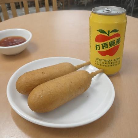 A photorealistic image of a delicious 9hotdog placed on a plate in a restaurant setting. The 9hotdog should be golden brown, with a crispy exterior and a juicy interior visible at one end where it's bitten off. The plate can be white or a light color to contrast with the golden hue of the 9hotdog. There might be a small dish of mustard or ketchup on the side for dipping. The table should have a clean tablecloth, and the lighting should be warm, highlighting the appetizing look of the 9hotdog. The background can have subtle hints of a restaurant ambiance, like a glass of water or some cutlery, <lora:cornhotdog:0.65>, (bottle of soda),<lora:applesoda:0.75>