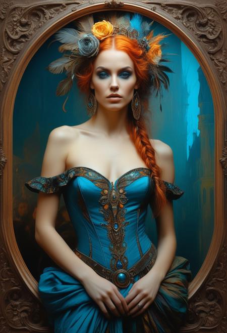 Provocative woman as main subject. castle as background.Gorgeous, beautiful, multicolored hair, blue eyes, excentic, Ben Bauchau, Michael Garmash, Daniel F Gerhartz, Clint Cearley, Carne Griffiths, Jean Baptiste Monge, strybk style, warm dreamy lighting, matte background, volumetric lighting, pulp adventure style, fluid acrylic, dynamic gradients, bold color, illustration, highly detailed, simple, smooth and clean vector curves, vector art, smooth, johan grenier, character design, 3d shadowing, fanbox, cinematic, ornate motifs, elegant organic framing, hyperrealism, posterized, masterpiece collection, bright lush colors, TXAA, penumbra, alcohol paint, wet gouache, ultrarealistic, film grain, surreal, moody, ethereal fantasy, amazing depth, cinematic film still, sharp focus, (James Christensen),bohemian,Boho gypsy, Gustav Klimt, (Anne Bachelier:1.2), (Lillian Bassman, Erwin Blumenfeld),shabby chic,, 1920s retrofuturism, industrial, art deco, coherent, (Dieselpunk:1.3)