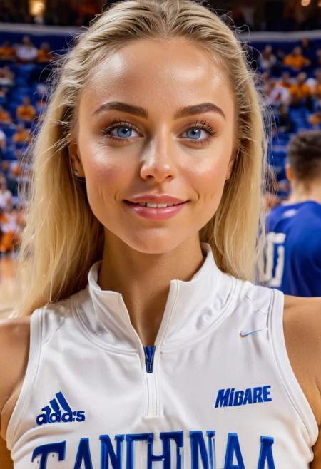 masterpiece, best quality, 8k, intricate detail, highly detailed, (most beautiful woman on earth, detailed face and eyes:1.4), detailed background, very slender, tall statuesque goddess, 1girl, massive natural breasts, eight pack abs, long torso, obliques, solo, very tanned white skin, blonde bombshell, big blue eyes, looking at viewer, sexy smile, professional dancer, on sidelines of basketball game, (skintight uniform:1.2), (face extremely close to camera, downblouse:1.5), shredded muscle, toned physique, confident smile, real hands, wide hips, exaggerated hourglass physique, broad shoulders, SlightMuscle