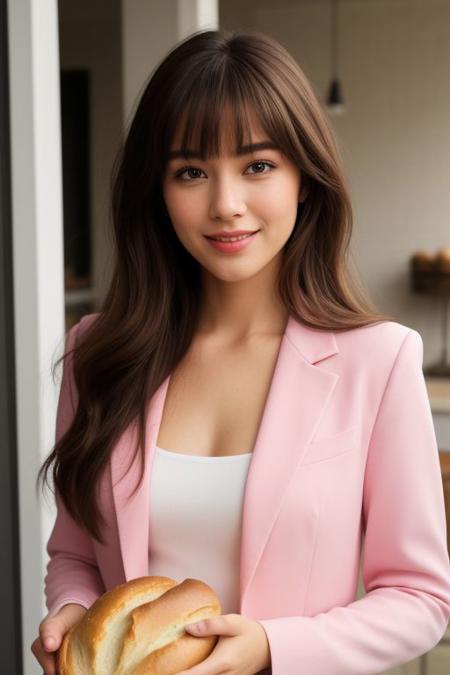 photo realistic, masterpiece, best quality, studio lighting, solo, jmc <lora:jennettemccurdyV01:1>, <lora:polyhedron_skinny_all:.3>, pink suit, holding a ((bread,puff)) (Urn) with ((two hands)) , light smiling ,  blonde highlights with bangs , bakery background,(looking at viewer, realistic eye and face details),film grain:1.5, Kodak Max 400 Film), (nsfw:1.2)
