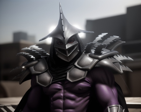 TMNTSuperShredder a muscular TMNTSuperShredder 1man armored samurai knight wearing a dark purple outfit with serrated claw spike pauldrons and serrated claw gauntlets and serrated claw armored boots and serrated metal samurai helmet with mask long black cape