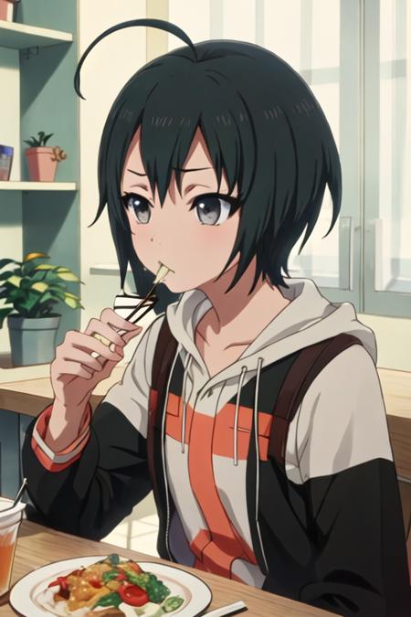 todo_misa_shirobako black_hair, short_hair, ahoge, black_eyes, grey_eyes