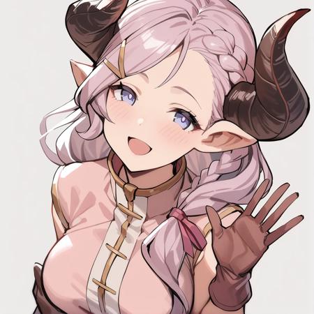 <lora:Larunamom-animagine3-000007:0.7>1girl, gbflaruna, hairclip,horns,pink dress, brown gloves,
smile,waving,open mouth,  simple background,, masterpiece, best quality