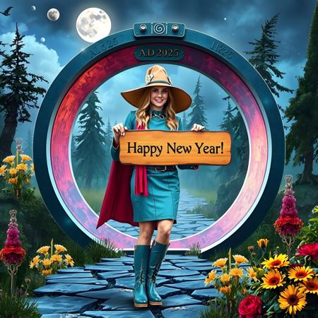 photo realistic mysterious friendly looking beautiful witch wearing turquoise leather dress clothes and overknee boots holding a wooden sign where is written on "Happy New Year!", standing in front of a omega formed dimensions wormhole stargate where above on a plate it is printed "A.D. 2025". in the background is an enchanted colorful forest with marvelous flowers plants, at the sky are moon stars planets, photo realistic as possible, colorful, high rsolution, best quality, sharp intricate photo