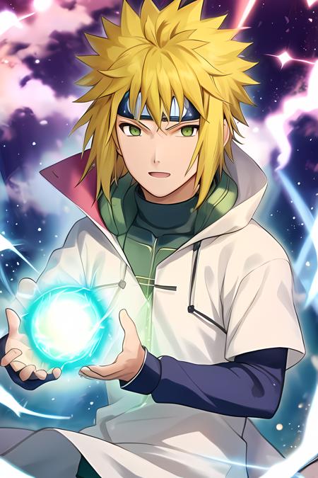 <lora:minato-000006:0.85>, 1 boy,spiked hair,yellow hair,energy blue ball,green body armor,blue forehead protector,white short sleeve raincoat