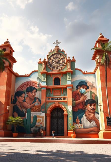 A majestic, monumental building end, depicted in a vibrant, earthy palette, showcasing Mexican culture through large-scale murals and bold simplified forms.  The scene features exaggerated proportions, labor and community themes, symbolic imagery, and realistic details with a narrative focus, illuminated by a gentle, soft, epic lens glow, emphasizing heroic elements and diffused shadows.