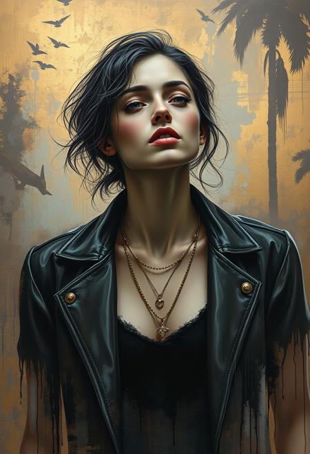 hyper-realistic street art with ethereal fine-art elegance, dramatic cinematic lighting with soft painterly textures, muted urban tones blending into rich gilded backgrounds, contemporary figures with classical melancholic expressions, gold leaf accents and surreal abstract elements