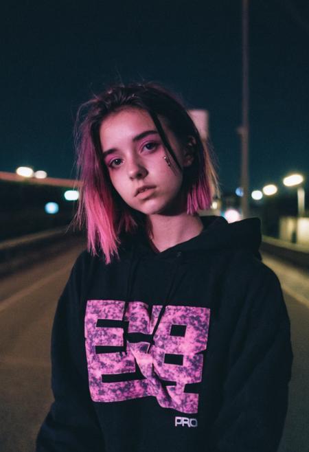 go pro photo, half body,1girl, 25 y.o. , night , bright clothes 90's, grainy photo, analogue glitch effect, emo, black and pink colors in clothes