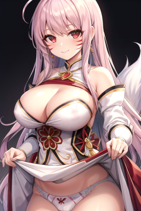 <lora:AraHaan-08:0.7>, ara haan, 1girl, solo, long hair, looking at viewer, blush, smile, skirt, large breasts, red eyes, cleavage, bare shoulders, underwear, panties, tail, pink hair, ahoge, clothes lift, white panties, pubic hair, fox tail, facial mark, female pubic hair, skirt lift, lifted by self, multiple tails, areola slip, eyeshadow, dress lift, pubic hair peek