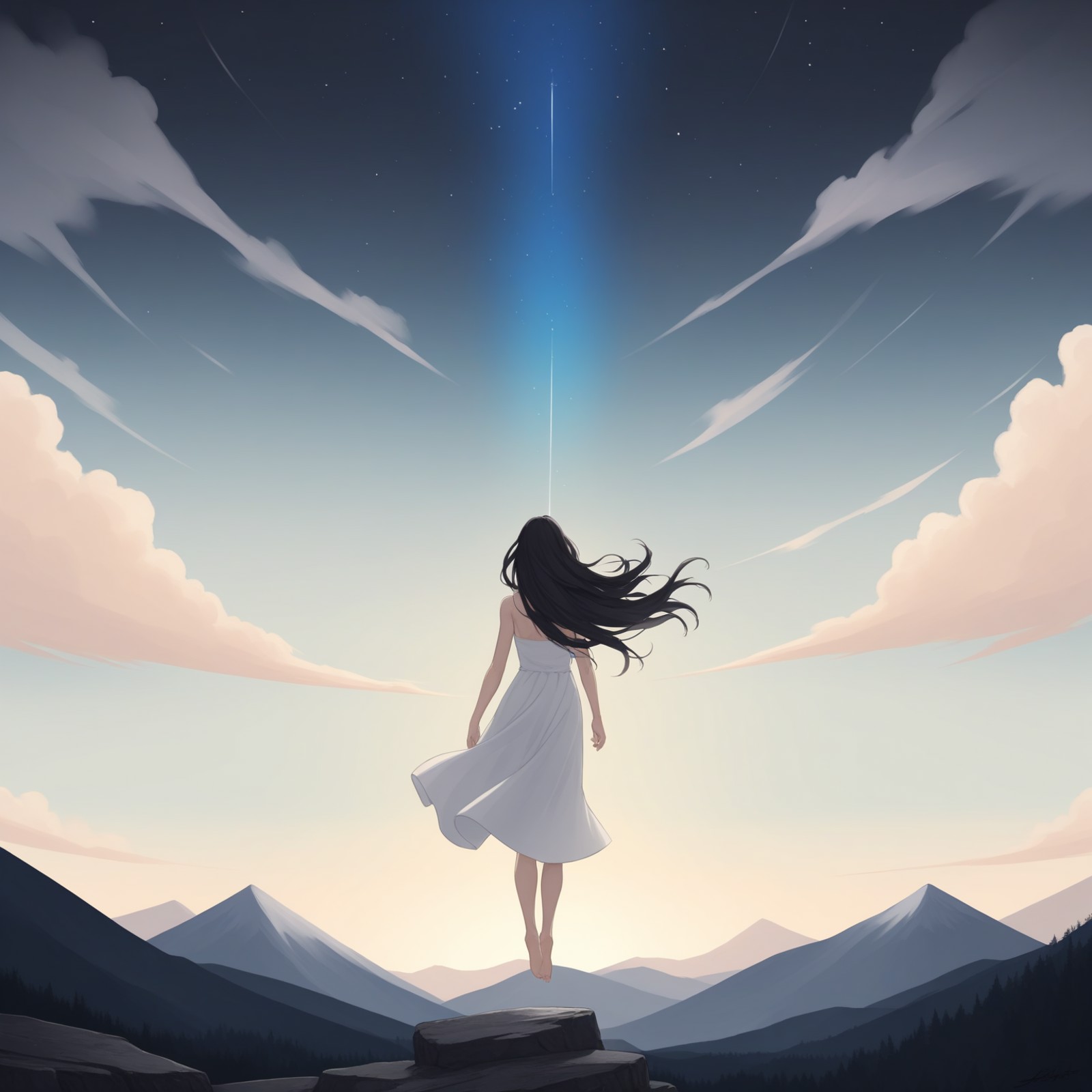 best quality,masterpiece,
1girl,black hair,long hair,back,looking up,
wind,floating hair,
BREAK
starry_sky,mountain,nature,