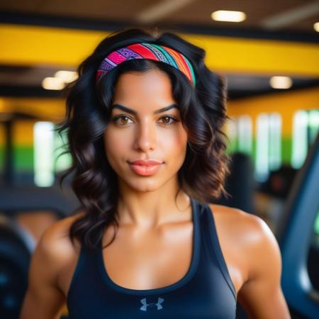 Realistic close-up portrait of an olive-skinned woman in her early twenties, wearing a gym sport top and a colorful bandana to control her black wavy hair. Her face is glistening with sweat, conveying effort and determination. The setting is an indoor gym, with a blurry background of workout equipment and soft, natural lighting. vicky_o, tanned, black_hair