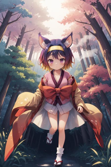 <lora:izuna v2:1> hatsuse izuna, short hair, wide sleeves, sarashi, yellow hairband, tabi, short kimono, gradient hairl, 1girl legs apart, mythical forest, evening, foggy, legendary, magical