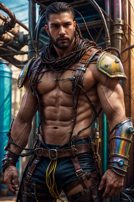 (realistic), (photorealistic), ((masterpiece)), ((best quality)), (detailed), cinematic, natural lighting, soft shadow, detailed background, photography, depth of field, intricate, detailed face, subsurface scattering, realistic eyes, muscular, manly, photo of a handsome latino man, chem4rmor, wearing chempunk barbarian armor, tubes, cables, wires, (multicolor liquid), canister, weapon, harness, braid ponytail, beard,