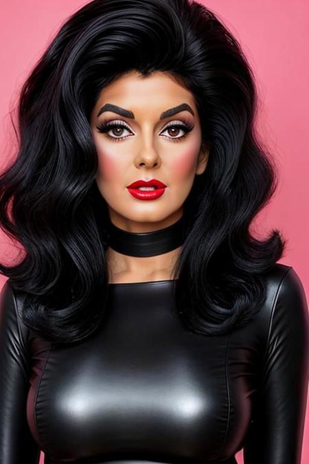 (big bouffant dark brunette 60's short bob hair:1.3), retro-girl, a woman wearing a sweater, thick eyebrows, puffy lips, red lipstick, blush, heavy makeup, smirk, (high detailed face:1.1), <lora:add_detail:1>, (huge jet black 60's hair:1.3) (pale skin:1.3), <retrobunny:1.45>, (huge jet black 60's hair, huge jet black 60's bouffant hairstyle, huge jet black 60s hair, huge jet black flip hairstyle, huge jet black hair flip, huge jet black very big 60s bouffant hairstyle:1.3), (high detailed skin:1.1), dynamic pose, eye contact, masterpiece, best quality, highly detailed, intricate details, detailed skin, detailed face, realistic, perfect anatomy, space background