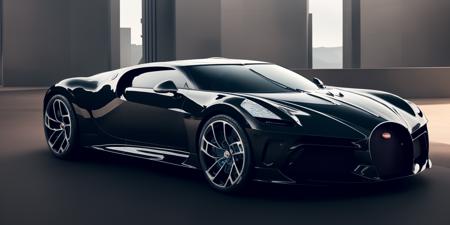 Bugatti La Voiture Noire,masterpiece,Bugatti, highly detailed photorealistic 8k raw photo, best cinematic quality, volumetric lighting and shadows, 1girl driving car, sprktt, futuristic cityscape background, Full shot, shiny and reflective bodywork <lora:Bugatti La Voiture Noire:0.7>