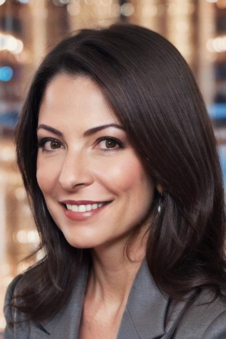 Portrait photo of an4pp4dr40 woman, (light bokeh)++, (gray blazer)+, detailed face, in a bedroom, makeup, smile