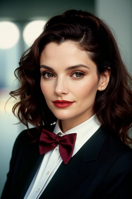 photo of a woman, maryet,((curly hair, ponytail, dark brown hair)), ((bowtie, shirt, skirt, necktie):1.1), (smug, horny), ((closeup, portrait)),((small private office):1.2),((red lipstick ,eyeliner, eye shadow, blush)), ((best quality, masterpiece, extreme details, high resolution):1.2),((detailed eyes, beautiful eyes, detailed face, beautiful face):1.2) , epic